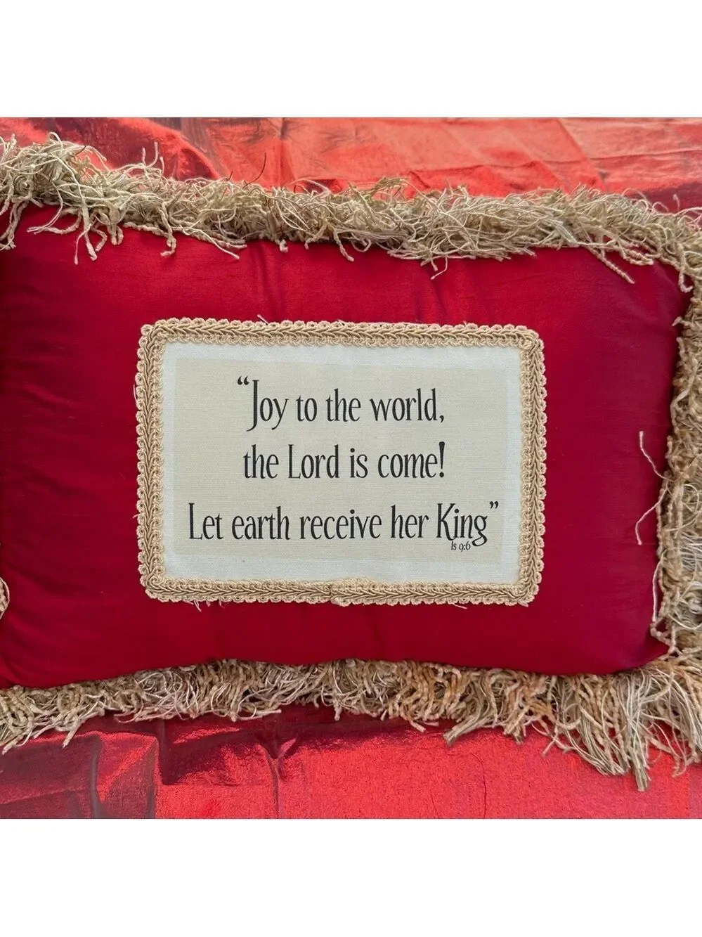 Vintage Red Holiday Pillow w/Gold Fringe ‘Joy to the World, the Lord is come!’
